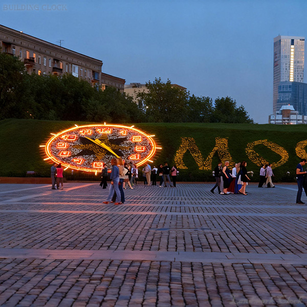 Giant flower clock on a sloped lawn dial with oversized golden hands Giant flower clock on a sloped lawn dial with oversized golden hands